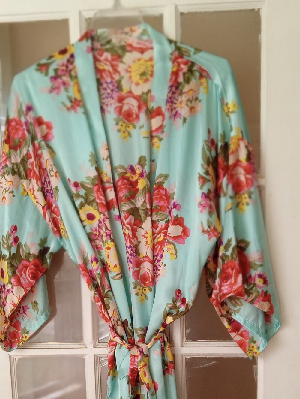 Floral Satin Robe in Aqua with Pink & Yellow Blooms